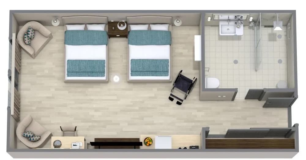 ADA-compliant hotel, ensures all people are able to move around an interact with the space.