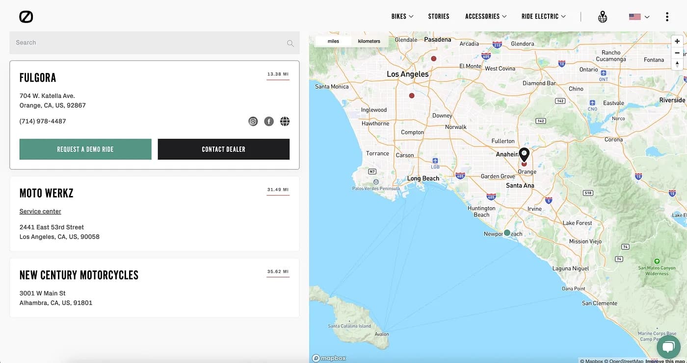 Screenshot from my own work on the Zero Motorcycles website. The goal here is to guide users toward requesting a demo ride or contact a dealer. I use high contrast buttons with generous whitespace around them to draw attention, and give non-focused cards more subdued background and border colors to avoid visual competition.