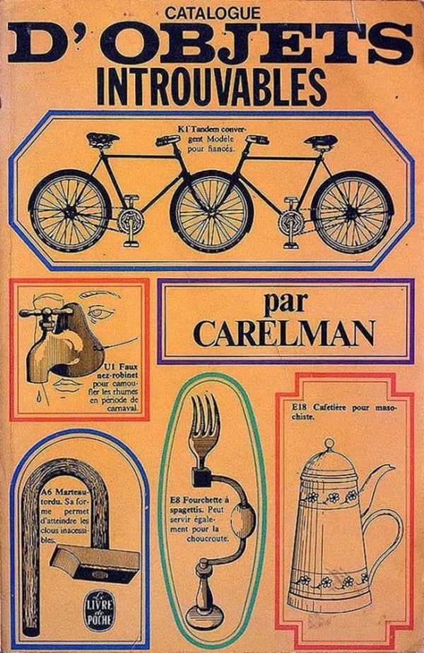 Concepts from French artist Jacques Carelman’s “Catalog of unfindable objects” shows everyday items that are intentionally unusable. The coffeepot in the bottom right is used as the example on the cover of DOET.